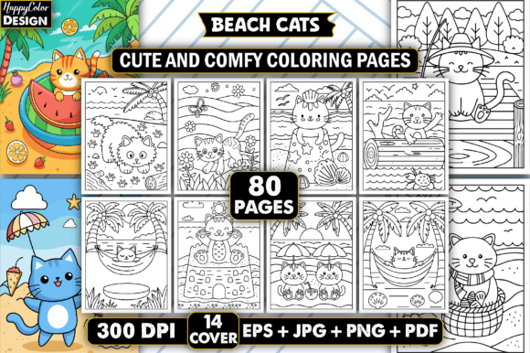 Download Beach Cats Cute and Comfy Coloring Pages - Beach Collection